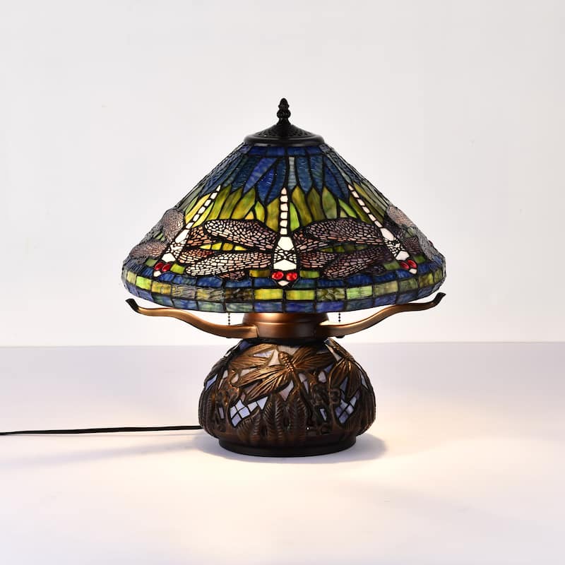 Shulba Dragonfly Base and Shade 2-Light Table Lamp Blue Tiffany Style Glass