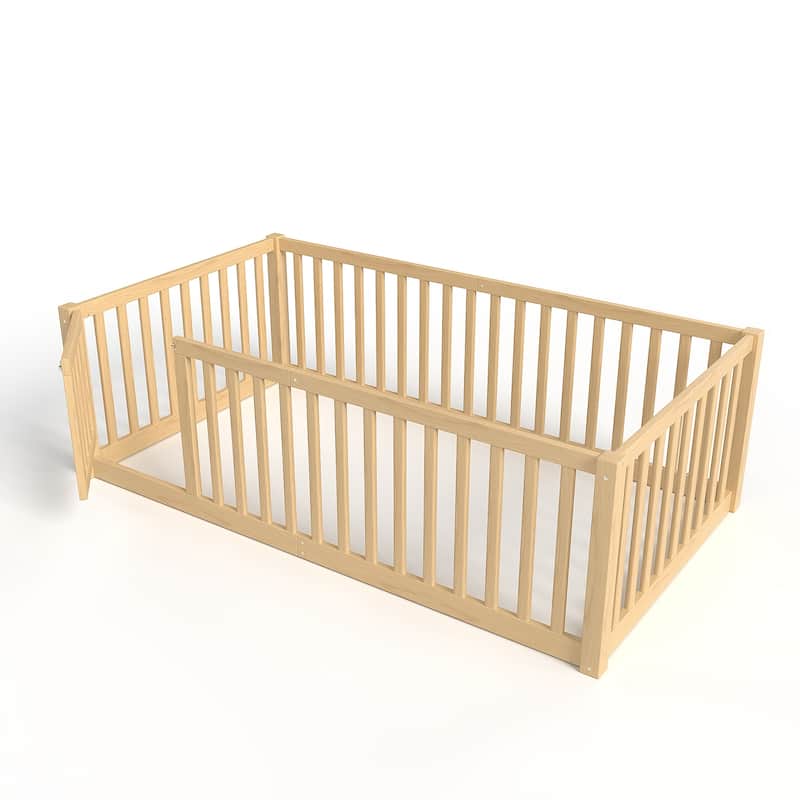 Montessori Floor Bed with Safety Guardrails & Door, Kids Low Profile Frame, Available in Queen/Full/Twin