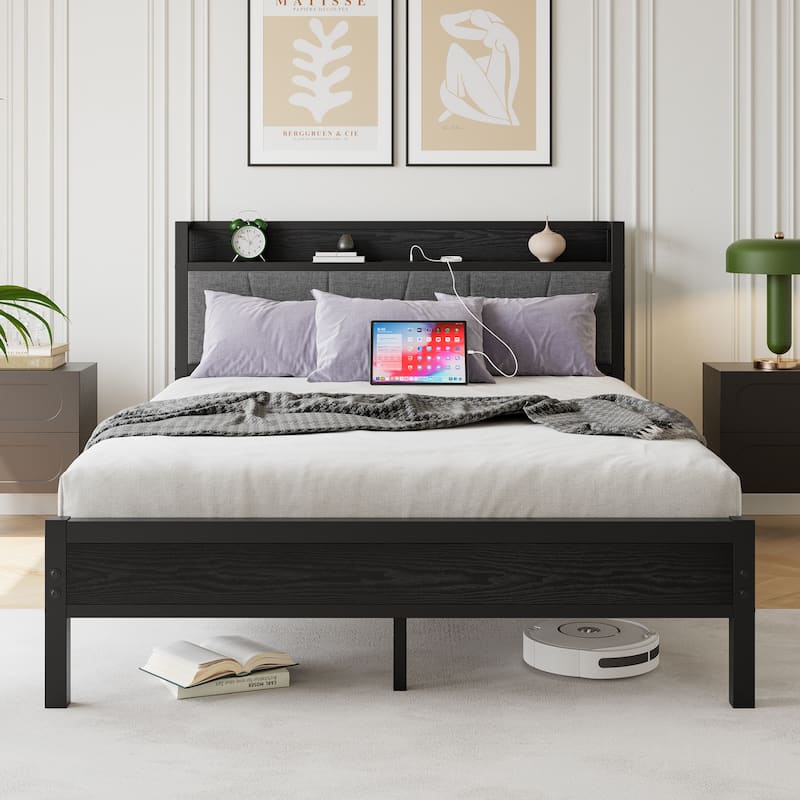 Queen Storage Bed Frame with Charging Station, Upholstered Headboard, No Box Spring Needed, Easy Assembly