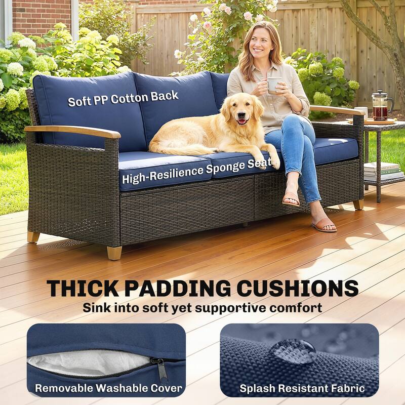 Outsunny 3 Seater Outdoor Couch Sofa, PE Wicker Patio Couch with Wide Deep Seating, 4" Foam Cushions