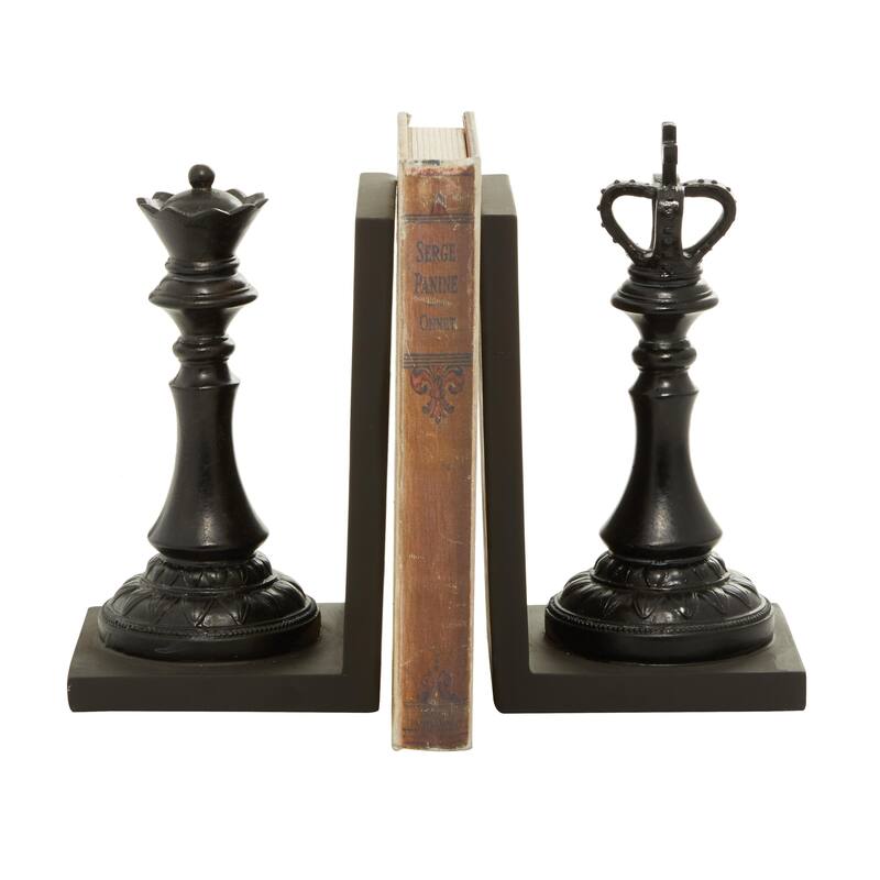 Black Polystone Chess Decorative Bookends with King and Queen (Set of 2)