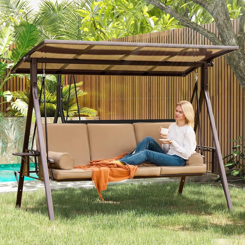 Outdoor 3-Seat Porch Swing with Adjustable Canopy & Cup Holder,Porch Swing Glider Chair, Heavy-Duty Steel Frame - Hardtop: 3-Seater - Oversized