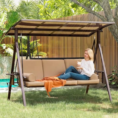 Outdoor Porch Swing 3-Seat with Adjustable Canopy & Cup Holder, Convertible Patio Glider with Thick Cushions & Pillow
