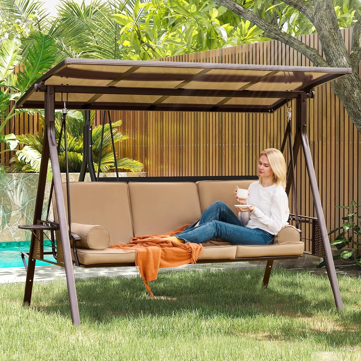 Outdoor 3-Seat Porch Swing with Adjustable Canopy & Cup Holder,Porch Swing Glider Chair, Heavy-Duty Steel Frame