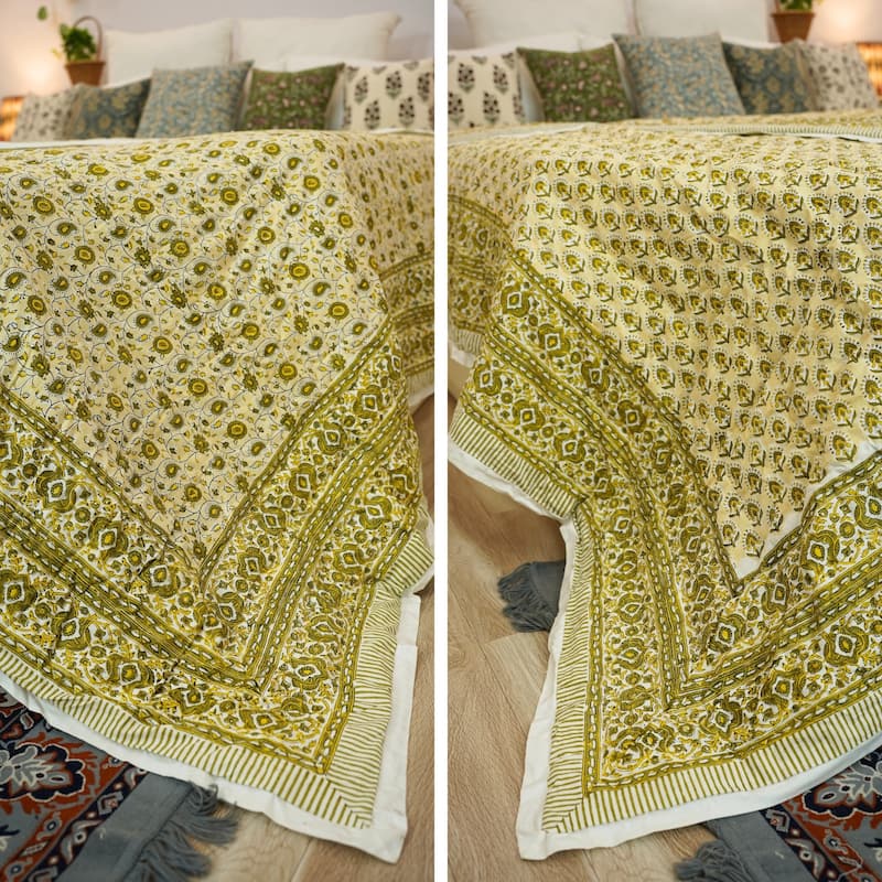 Fabdivine Organic Cotton Quilt - Blue Green Floral, Reversible Handmade Natural Boho Bedding for Bedroom & Living Spaces