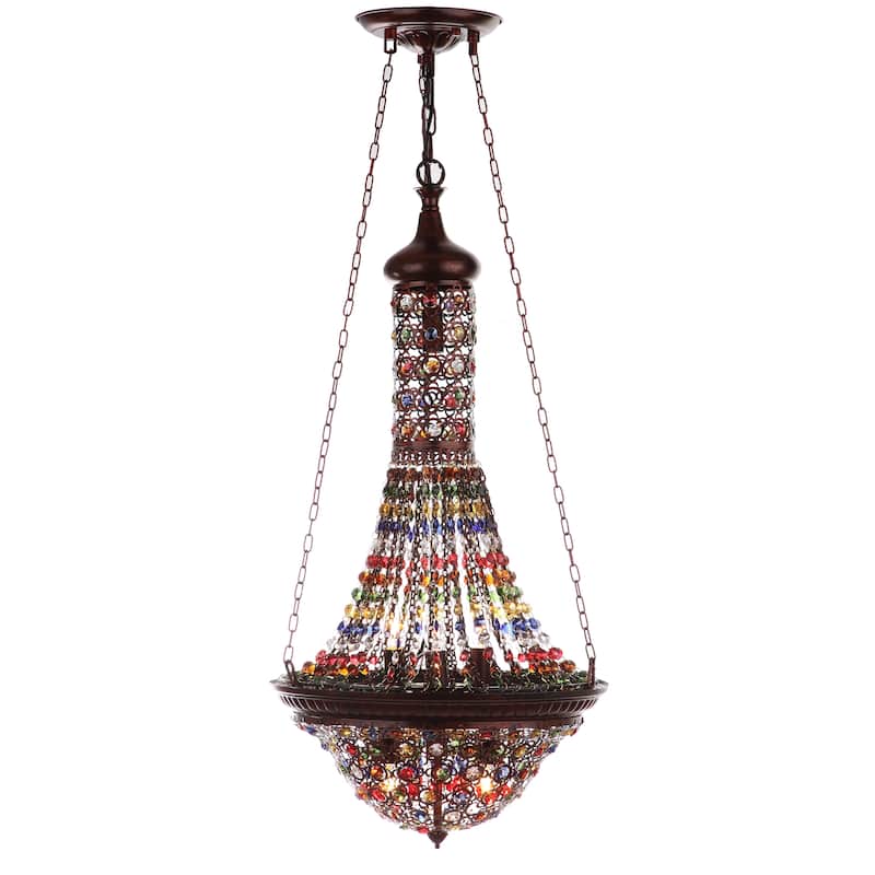 SAFAVIEH Lighting Fred Moroccan 7-Light Bronze Colorful Beaded Pendant - 15.25"x15.25"x39"