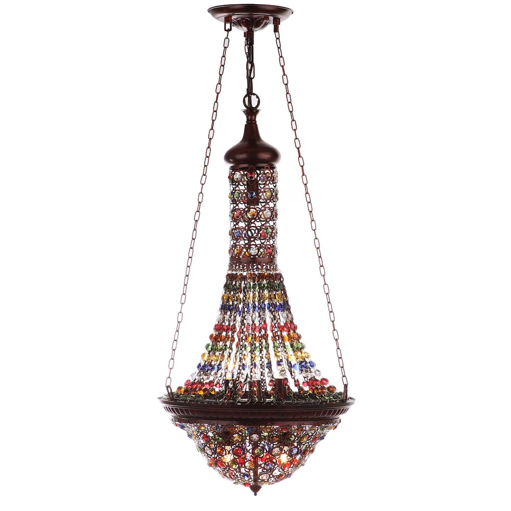 SAFAVIEH Lighting Fred Moroccan 7-Light Bronze Colorful Beaded Pendant - 15.25"x15.25"x39"