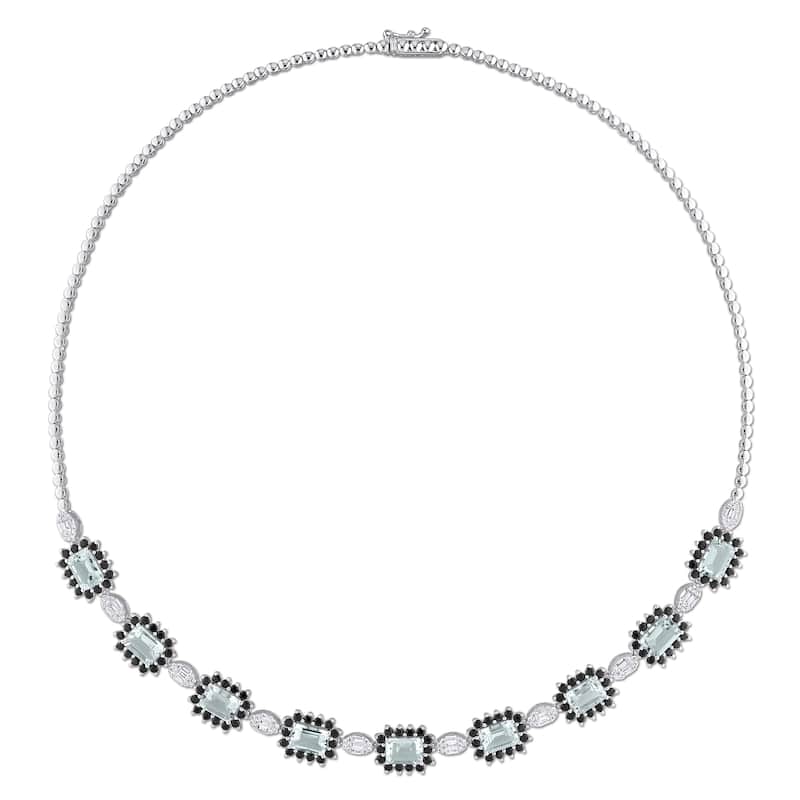 Miadora 12 1/2ct TGW Aquamarine Black Sapphire 1 1/8ct TDW Diamond Station Necklace 14k White Gold