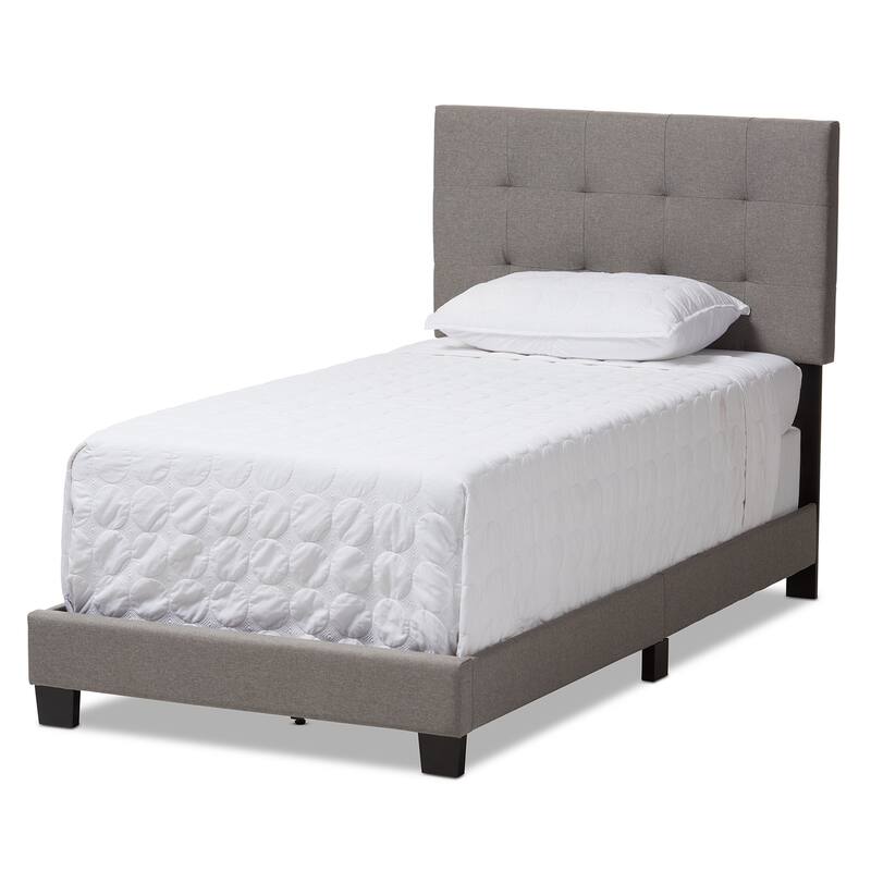 Light Grey Twin Bed with Upholstered Grid-Tufting and Solid Wood Legs, Modern Contemporary