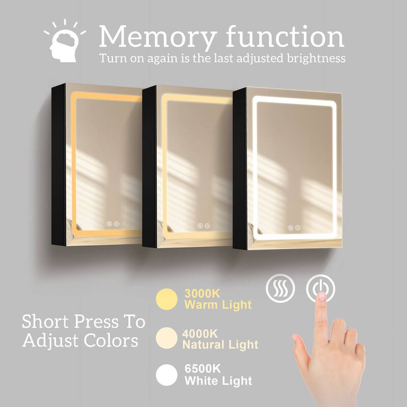 ZEAFIVE LED Black Bathroom Medicine Cabinet Surface Mount Defog Medicine Cabinet 3 Lights Dimmable