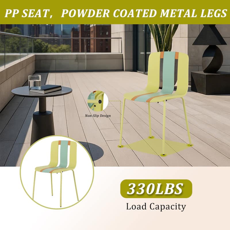 Malwee 4 PCS Indoor/Outdoor PP Plastic Chairs, Modern Striped Color Seat with Sturdy Metal Legs - for Living Room, Café, Terrace