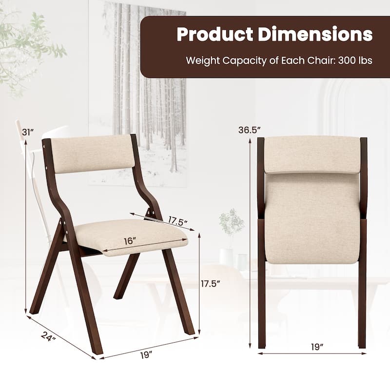 Set of 2 Wooden Folding Dining Chair with Linen Fabric Padded Seat and Backrest - 19" x 24" x 31" (L x W x H)