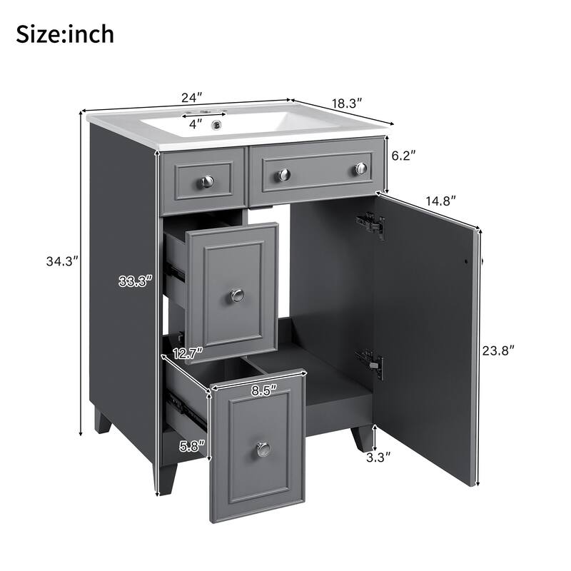 Bathroom Vanity with Sink, Small Bathroom Storage Cabinet with Ceramic Basin, Single Vanity with 2 Drawers and Door