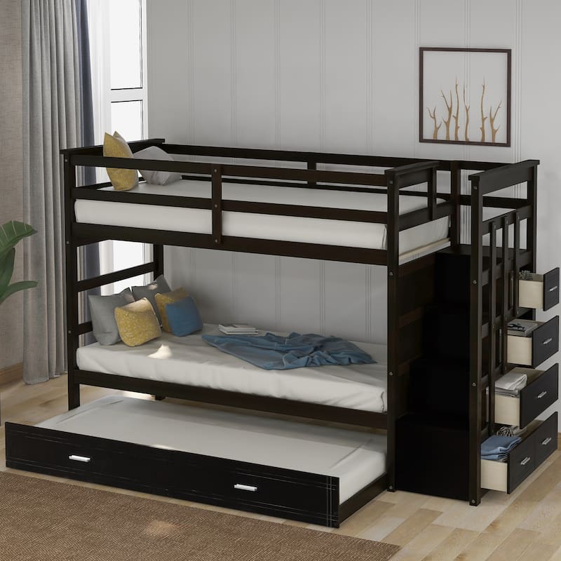 Solid Wood Bunk Bed with Trundle and Staircase