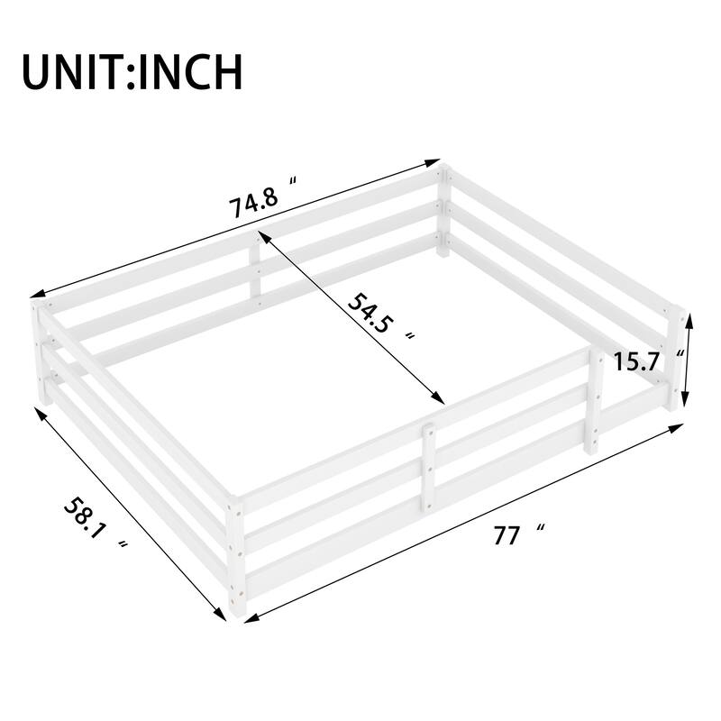 Full Size Wood Montessori Floor Bed w/ Fence for Kids, Girls, Boys -White, Easy Assemble