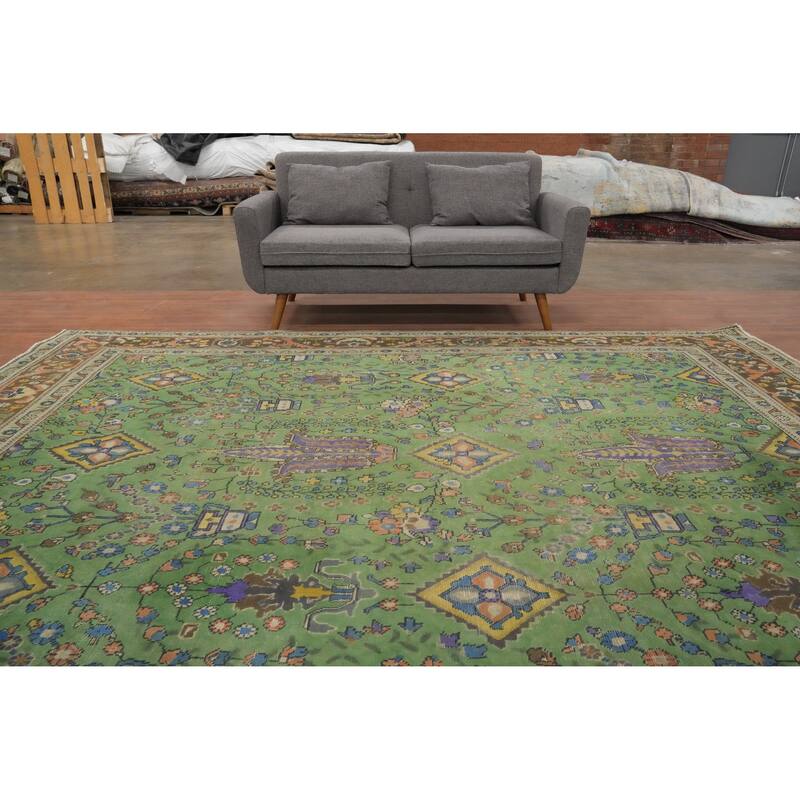 Hand Knotted Oriental 100% Wool Carpet Traditional Floral Green Tabriz Area Rug - 11' 0'' X 8' 6''