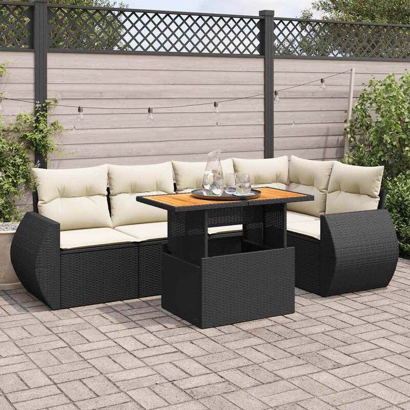 vidaXL Patio Sofa Set with Cushions Table and Modular Sofas 6 Piece Poly Rattan - 21.7 x 39.4 x 28.7 - Black and cream
