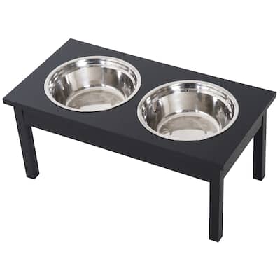 PawHut 23" Wooden Heavy Duty Dog Food Bowls Pet Elevated Feeding Station -Black - Black