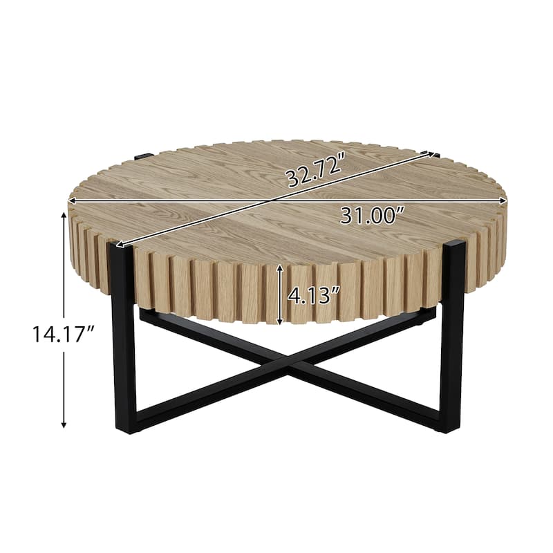 Roomfitters 31.5" Round Drum Coffee Table, Handcrafted Gear-Design Wood Grain Top with Modern Black Cross Metal Base
