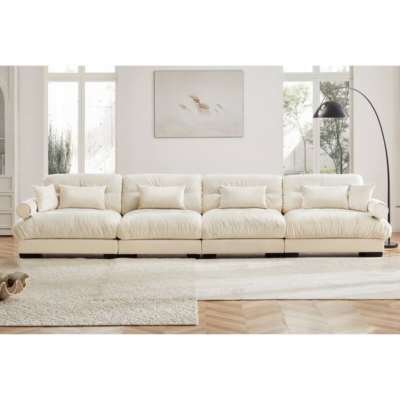 Modern Sectional Couch Comfortable Upholstered Sofa Set with Lumbar Pillow and Throw Pillow for Living Room - 4 Seats - Cream