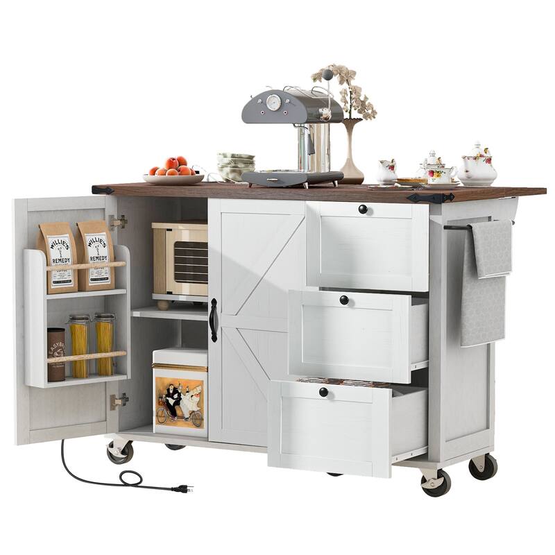 Rolling Kitchen Island with Folding Drop Leaf, Wooden Storage Cabinet with Power Outlet, Internal Storage Rack and Spice Rack