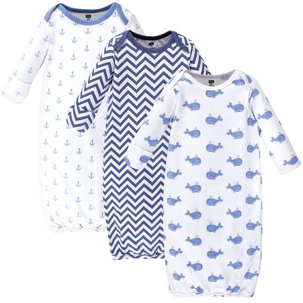 slide 1 of 1, Hudson Baby Infant Boy Cotton Long-Sleeve Gowns 3pk, Blue Whales Preemie-Newborn - Blue Whales