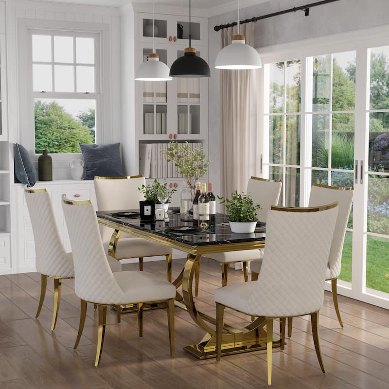 Luxurious Dining Room Table Set with Velvet Dining Chairs