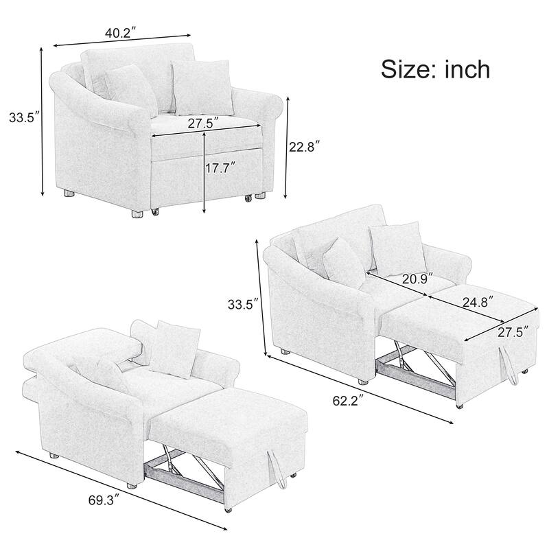 Chenille Accent Chair Convertible Sleeper Chair Adjustable Backrest Sofa Chair, 3 in 1 Chaise Lounges Chair Turns Into Chair Bed