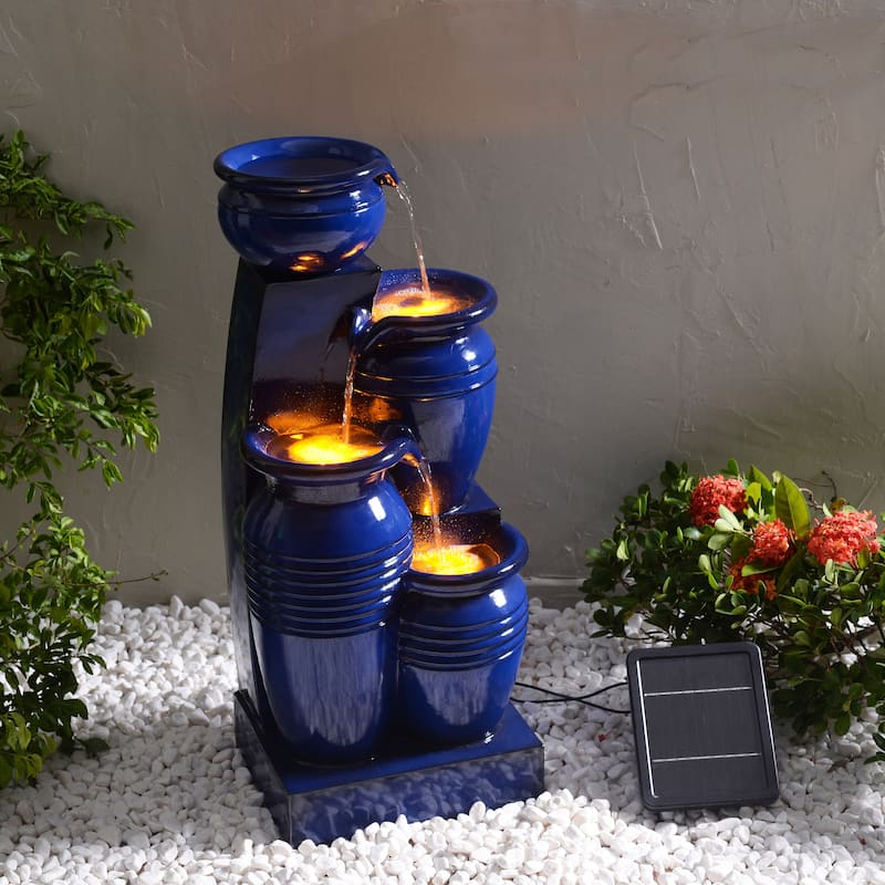Teamson Home 28.74" 4-Tier Outdoor Fountain with LED Lights, Solar Powered, Weather-Resistant Faux Stone for Garden & Patio