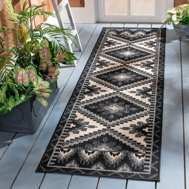 SAFAVIEH Veranda Vitaline Indoor/ Outdoor Waterproof Patio Backyard Rug - 2'3" x 14' Runner - Black/Beige
