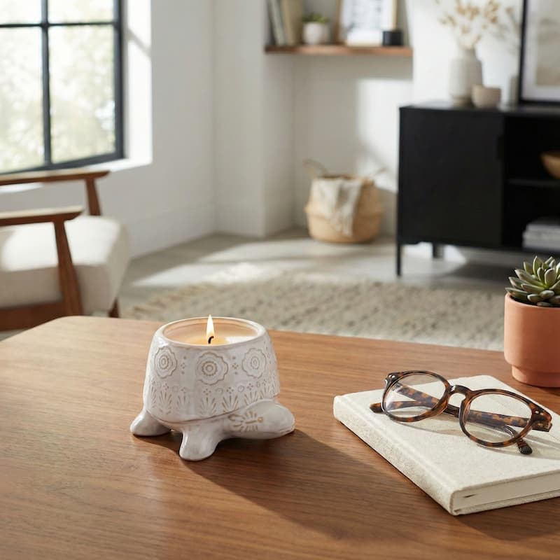 Lavender Turtle Ceramic Scented Candle - 7", White & Ivory - 6.5"