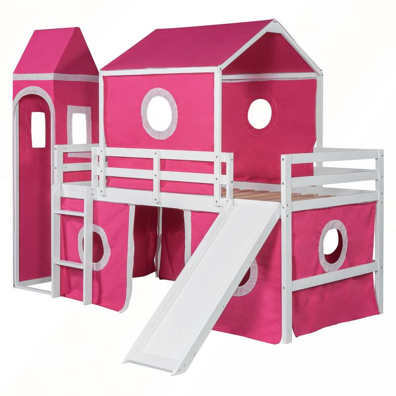 Twin Size Loft Bed with Slide Tent and Tower