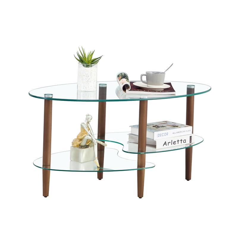 Transparent Oval Glass Coffee Table with Oak Wood Legs, a Stylish and Functional Piece for Your Living Room