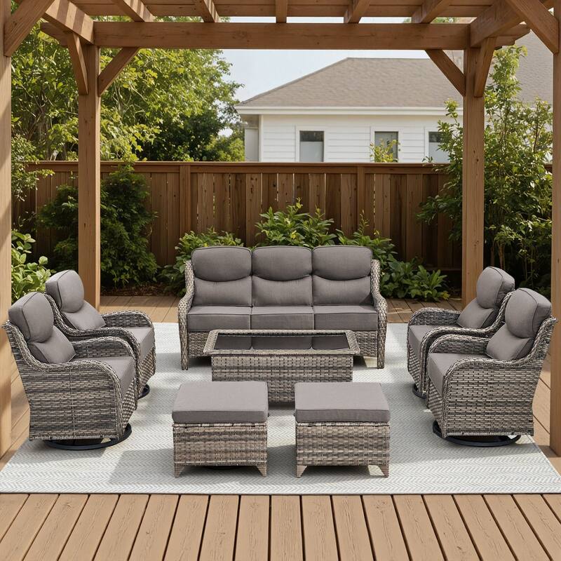 Arcadia 8-Piece Wicker Patio Conversation Set with Swivel Gliders and 6-Inch Thick Olefin Cushions - Gray Cushions - Gray Wicker