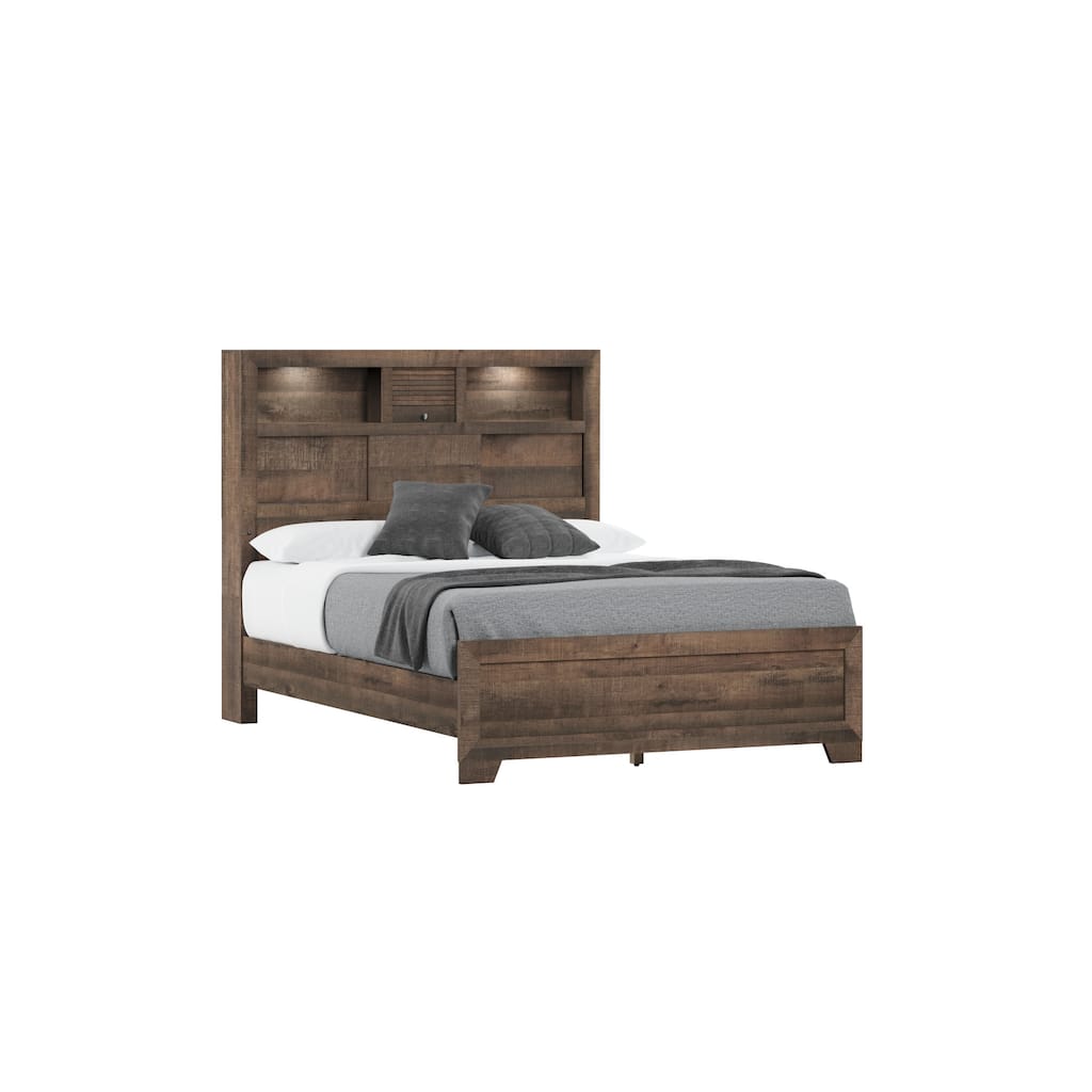 Modern Full Size Bookcase Bed Frame in Brown Penny Finish with Built-In Storage Headboard