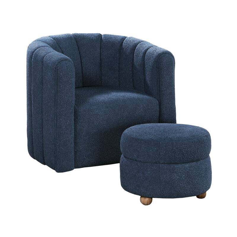 Arden 31" Boucle Swivel Chair with Ottoman - Solid Wood Legs - Blue