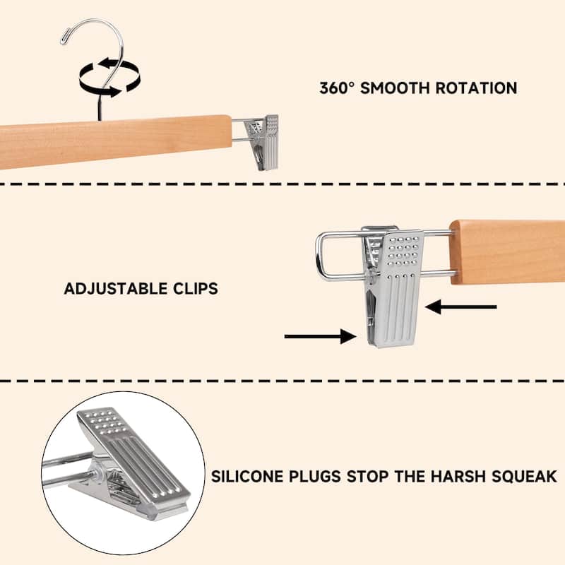 BP4U Premium Wooden Pants Hangers with Adjustable Clips, Solid Wood Skirt Hangers for Jeans, Slacks, Dresses