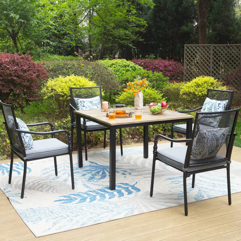 MAISON ARTS 5-Piece Patio Dining Set, Square Brown Metal Dining Table and 4 Gourd Head Shape Armrest Chairs