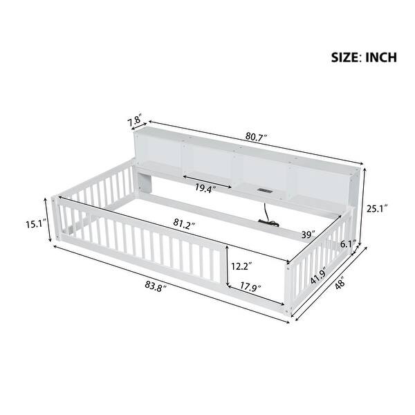 dimension image slide 1 of 3, Kids Wood Semi-enclosed fence Floor Bed with Storage Cabinets and USB Ports