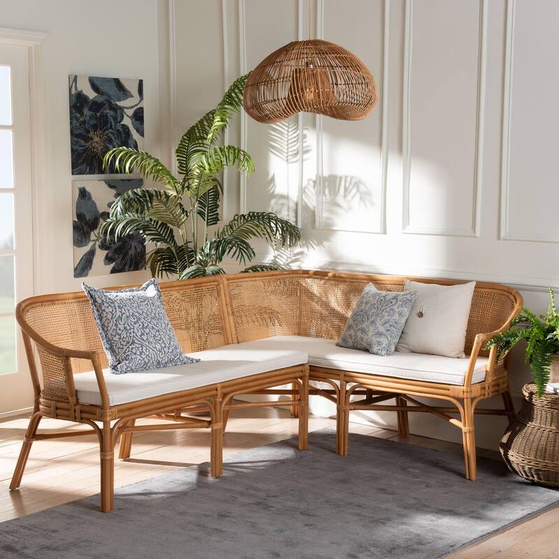 Adede 2-Piece Natural Rattan Corner Bench Set - Handwoven Wicker L-Shaped Dining Nook Seating, Boho Coastal Set