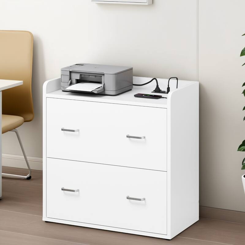 Modern 2 Drawer Large Lateral Filing Cabinet with Charging Station & Power Outlet - White