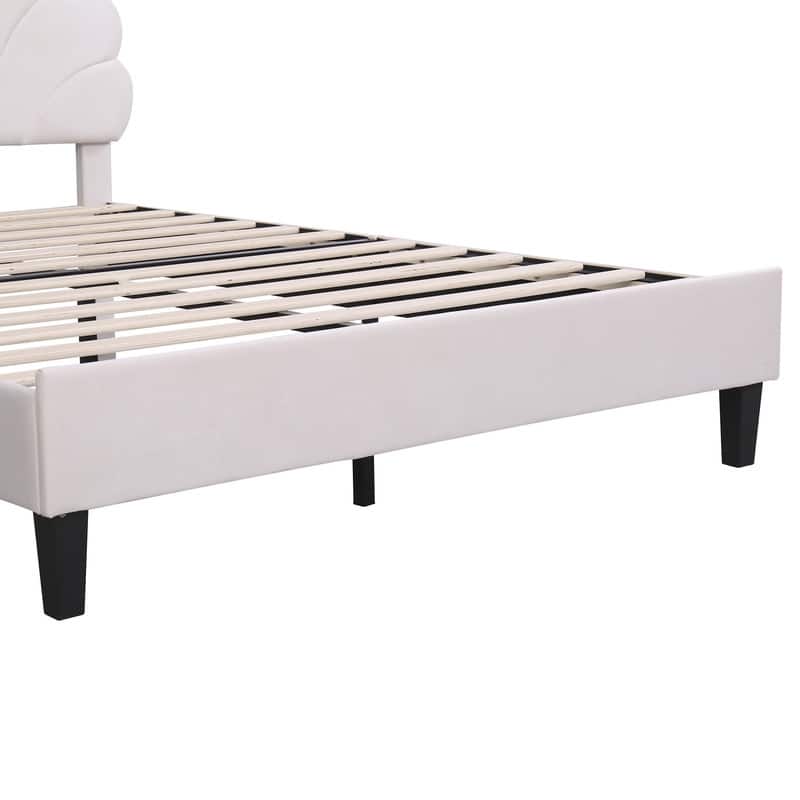 Queen Size Velvet Upholstered Platform Bed with Flower Pattern Headboard