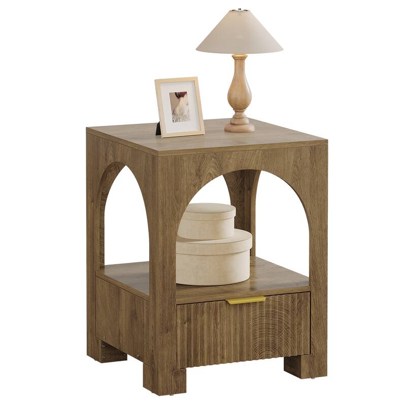 Wood Nightstand with Drawer & Open Shelf, 2-Tier Side Table, End Table, Bedside Table for Bedroom, Living Room