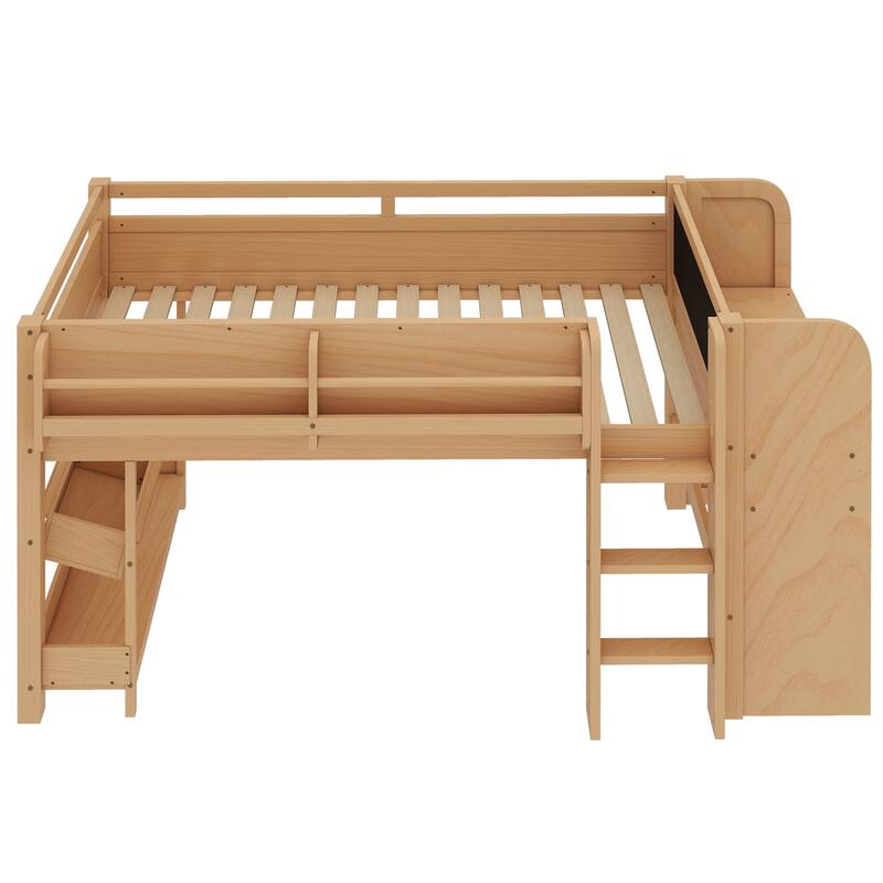 Full/Twin Size Loft Bed with Built-in Desk, Multi-Storage Bookcases & Blackboard, Solid Wood Low Loft Bed Frame