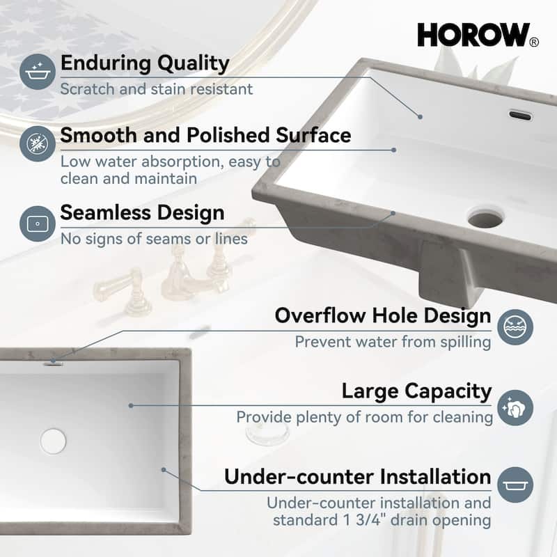 HOROW 23.60 in. White Ceramic Rectangular Undermount Sink with Overflow Drain - N/A