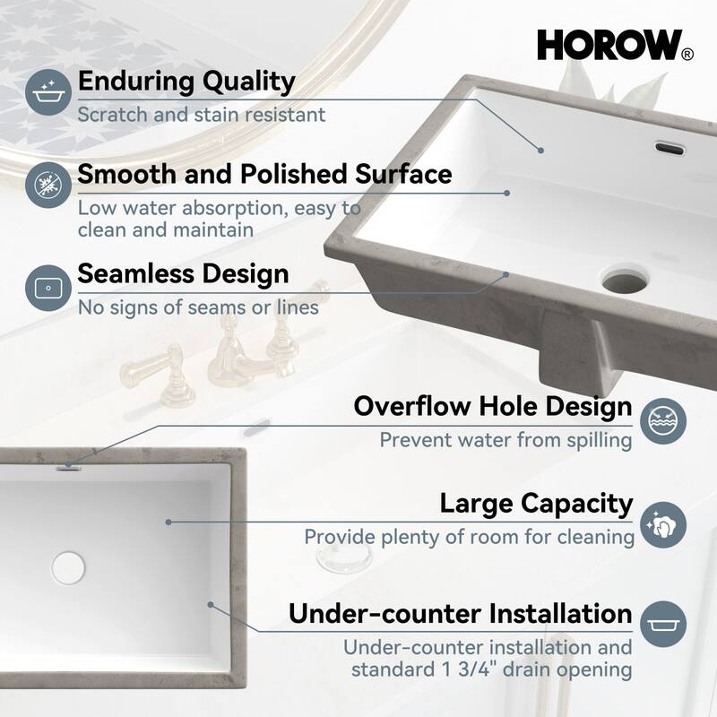 HOROW 23.63 in. White Ceramic Rectangular Undermount Sink with Overflow Drain