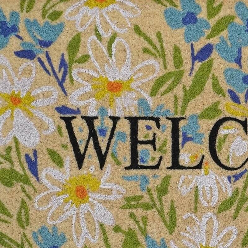 HomeRoots 36" X 72" Brown Light Blue And Green Floral Welcome Outdoor Coir Door Mat - 36.00' X '72.00