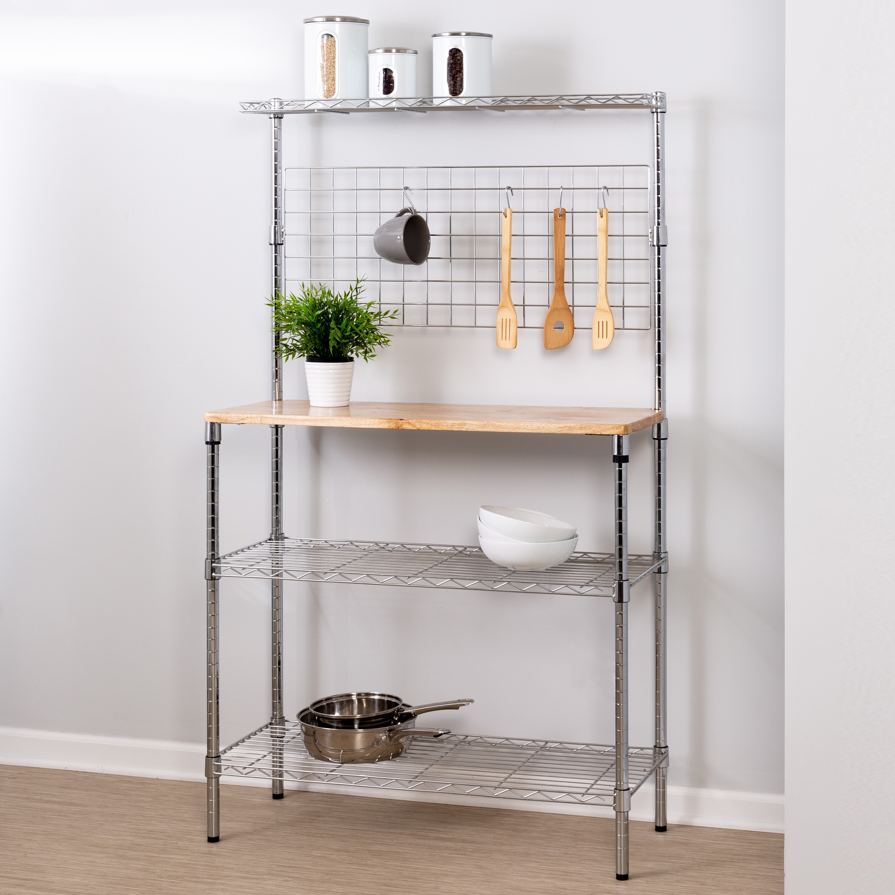Chrome Steel Bakers Rack with Hanging Storage