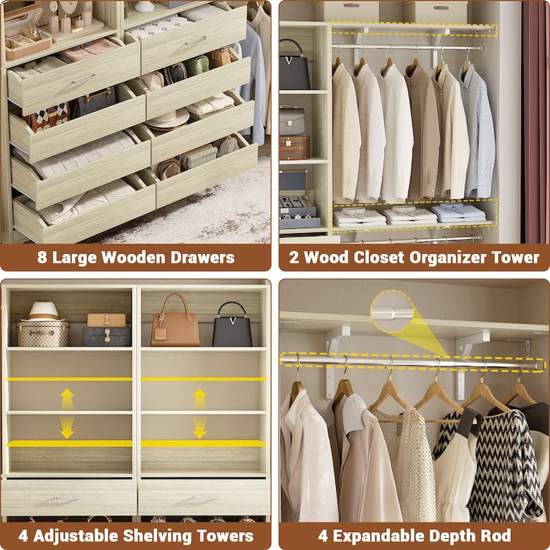 Set of 2 Closet System with Wooden Drawers and Hanging Rods, Closet Organizer with Adjustable Storage Shelves