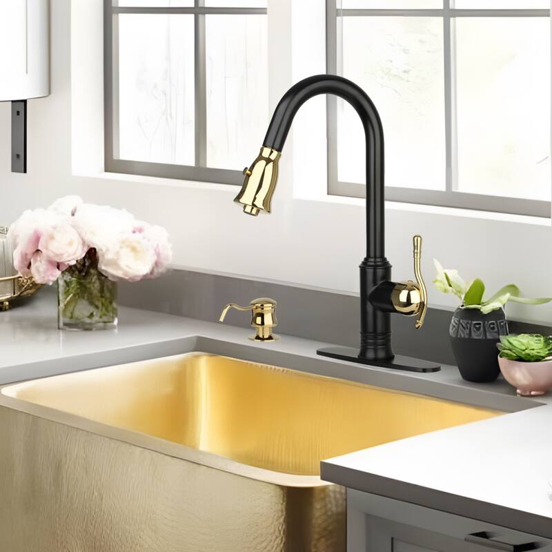Two-Tone Matte Black & Rose Gold Kitchen Faucet with Deck Plate, Single Level Handle and Pull Down Sprayer